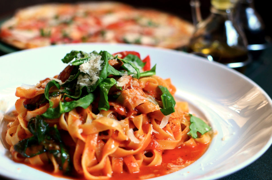 Close-up of Linguine with Italian Sausage on a white plate