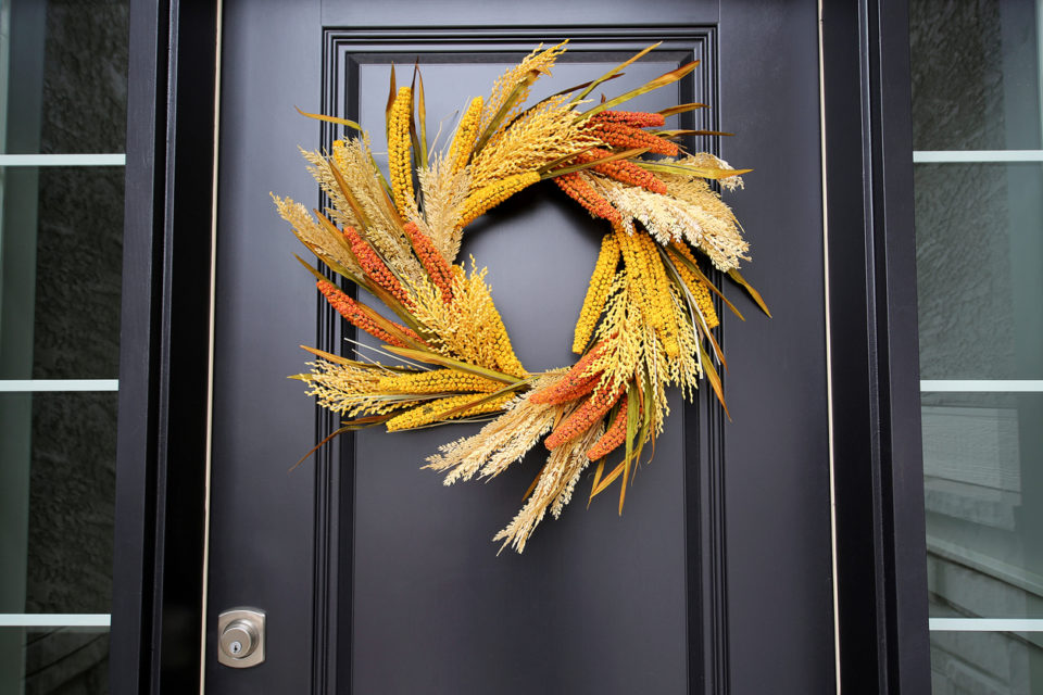 Black Front Door Autumn Wreath up close