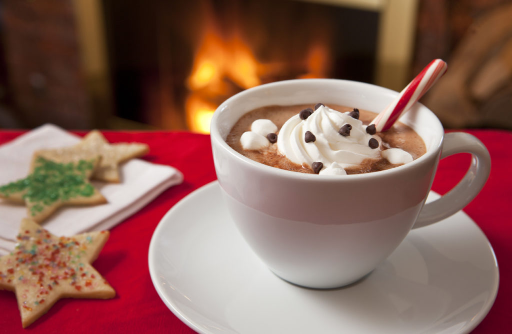 A cup of hot chocolate and cookies with a cozy fire in the background.