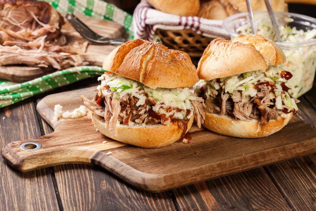 Homemade pulled pork burger with coleslaw salad