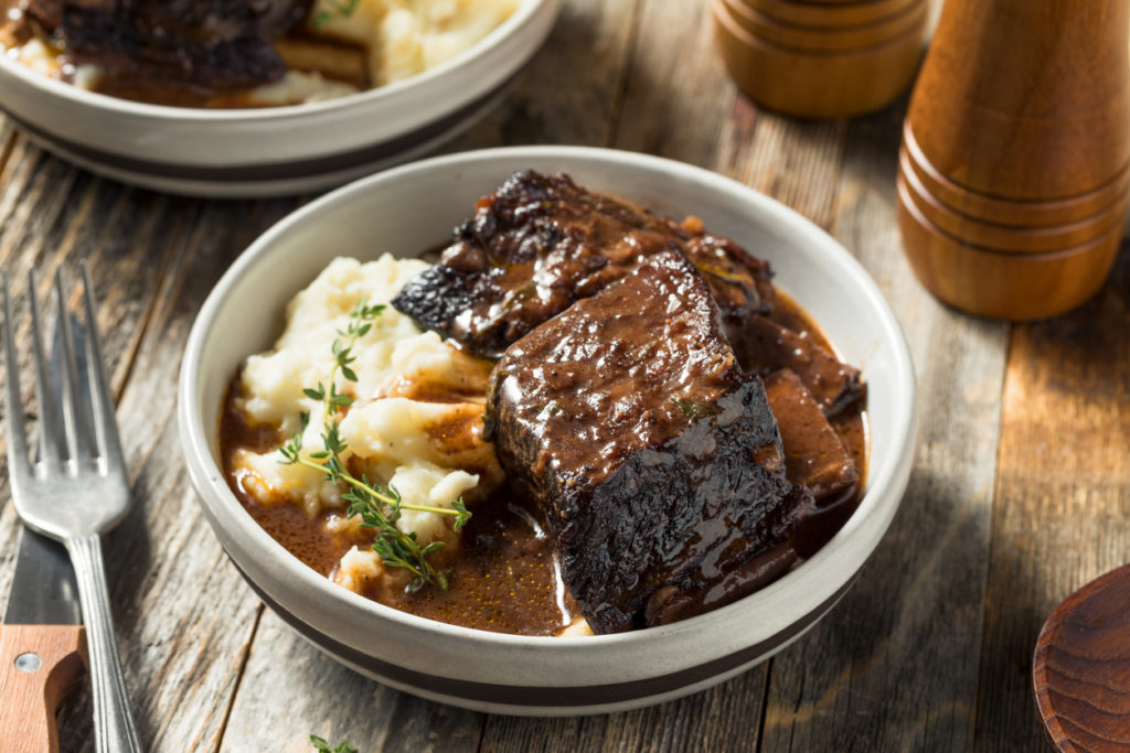 Valentine's Day meal of Homemade Braised Beef Short Ribs with Gravy and Potatoes